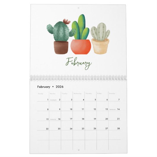 2026 Watercolor Succulent & Leaf Calendar | Botani カレンダー (2月 2026)