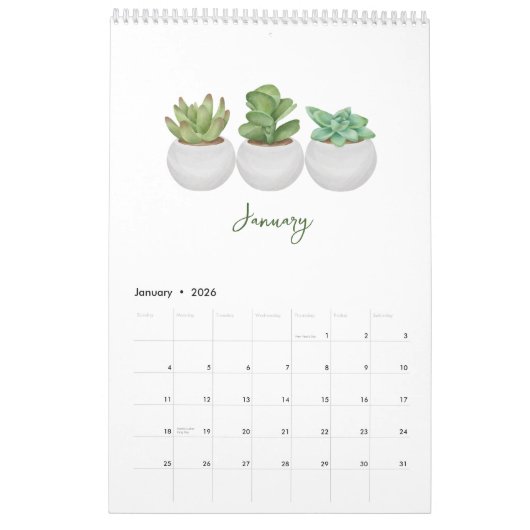 2026 Watercolor Succulent & Leaf Calendar | Botani カレンダー (1月 2026)