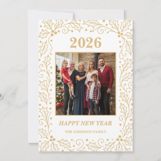 2026 White & Antique-Gold Family New Year Photo シーズンカード (正面)
