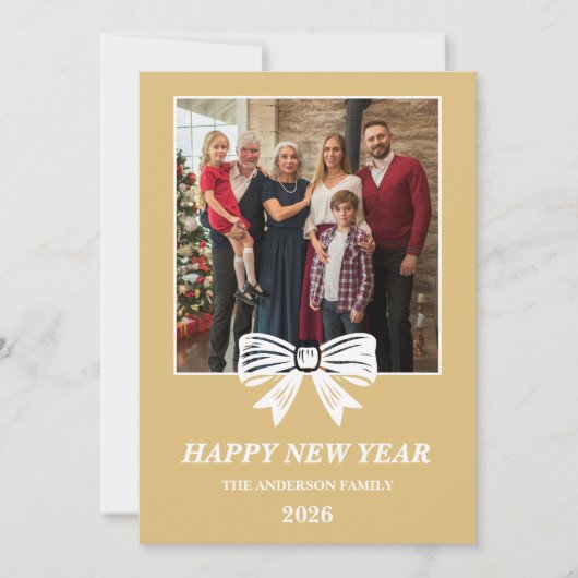 2026 White & Gold Bow Family New Year Photo シーズンカード (正面)