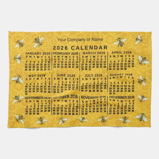 2026 Year Calendar Bee Honeycomb Apiary Custom キッチンタオル (横)