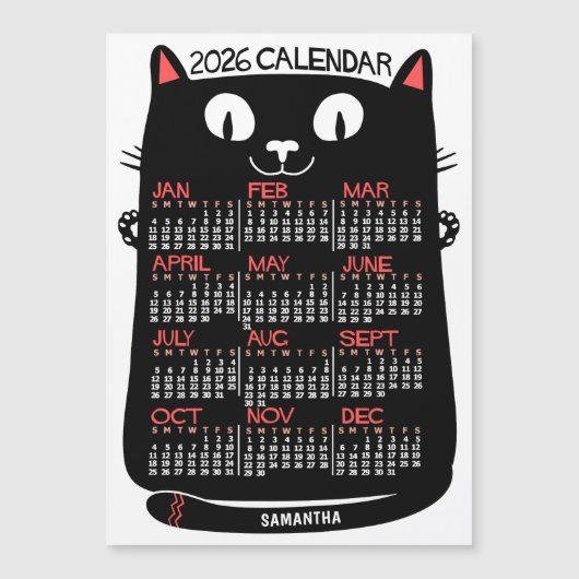 2026 Year Calendar Mid-Century Black Cat Magnet (正面)