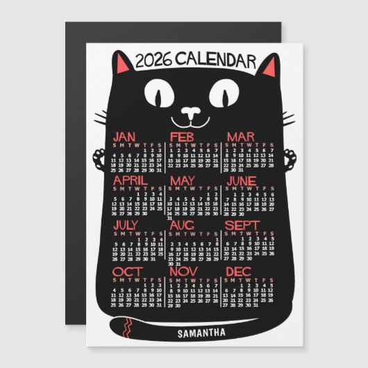 2026 Year Calendar Mid-Century Black Cat Monthly マグネット招待状 (正面/裏面)