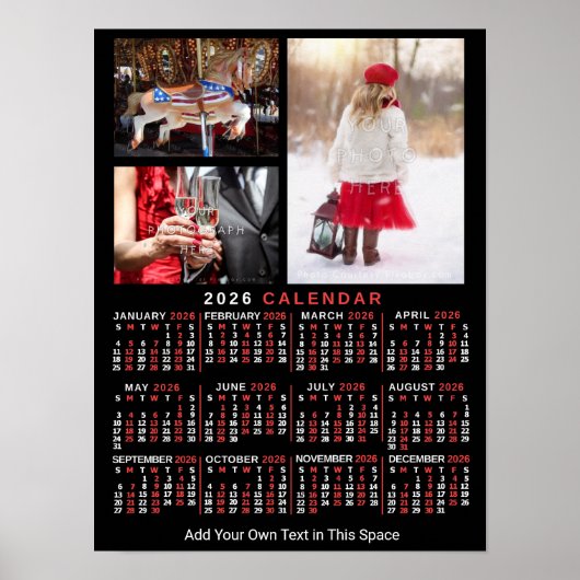 2026 Year Monthly Calendar Black Custom 3 Photos ポスター (正面)