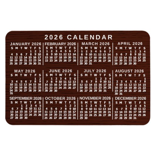 2026 Year Monthly Calendar Brown Wood Grain Simple マグネット (横)