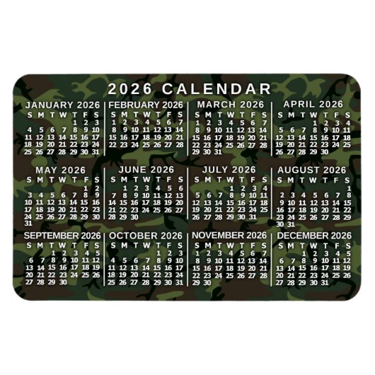 2026 Year Monthly Calendar Camouflage Camo Green マグネット (横)