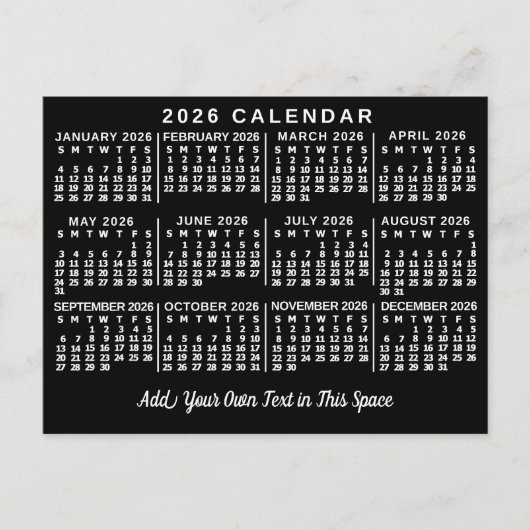 2026 Year Monthly Calendar Classic Black and White ポストカード (正面)