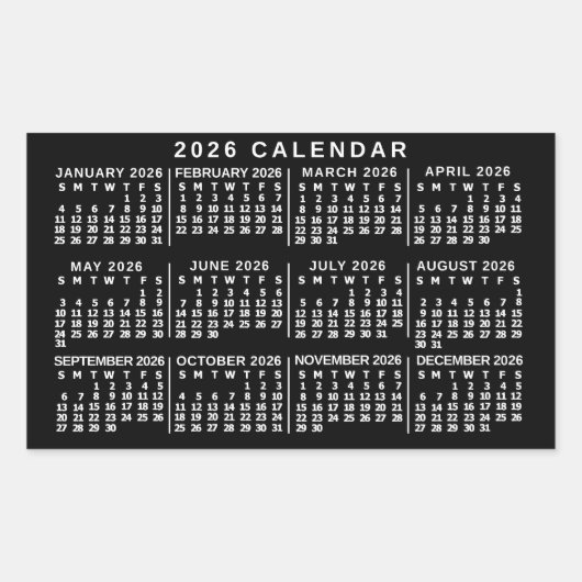 2026 Year Monthly Calendar Classic Black and White 長方形シール (正面)