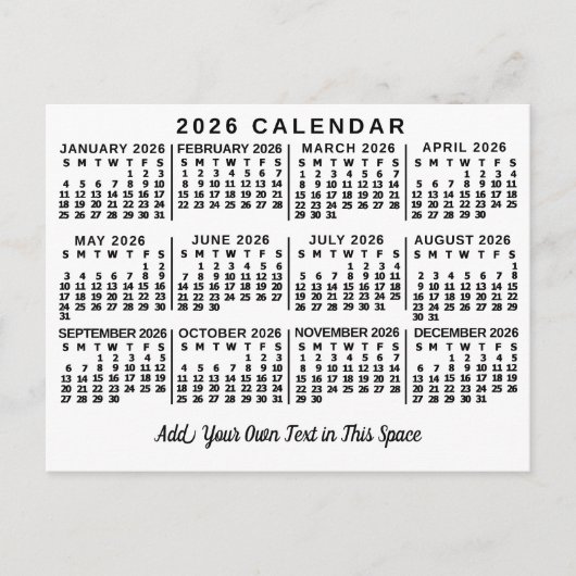 2026 Year Monthly Calendar Classic White and Black ポストカード (正面)