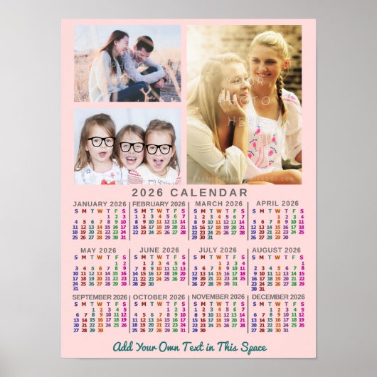 2026 Year Monthly Calendar Colorful Custom 3 Photo ポスター (正面)