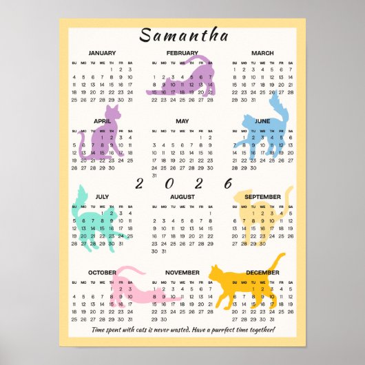 2026 Year Monthly Calendar Cute Pastel Playful Cat ポスター (正面)