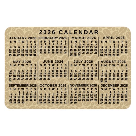 2026 Year Monthly Calendar Light Coffee Beans マグネット (横)