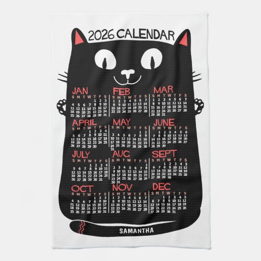 2026 Year Monthly Calendar Mid-Century Black Cat キッチンタオル (縦)