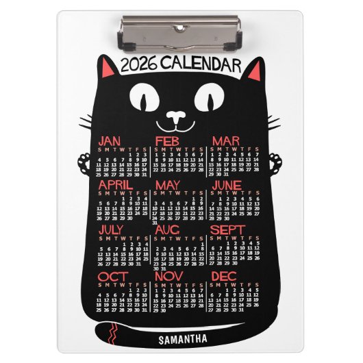 2026 Year Monthly Calendar Mid-Century Black Cat クリップボード (正面)