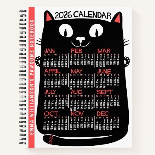 2026 Year Monthly Calendar Mid-Century Black Cat ノートブック (正面)
