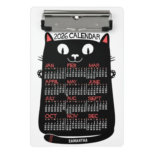 2026 Year Monthly Calendar Mid-Century Black Cat ミニクリップボード (正面)