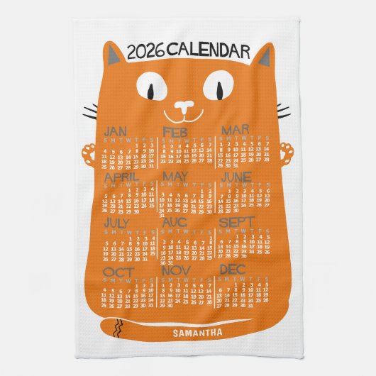 2026 Year Monthly Calendar Mid-Century Orange Cat キッチンタオル (縦)