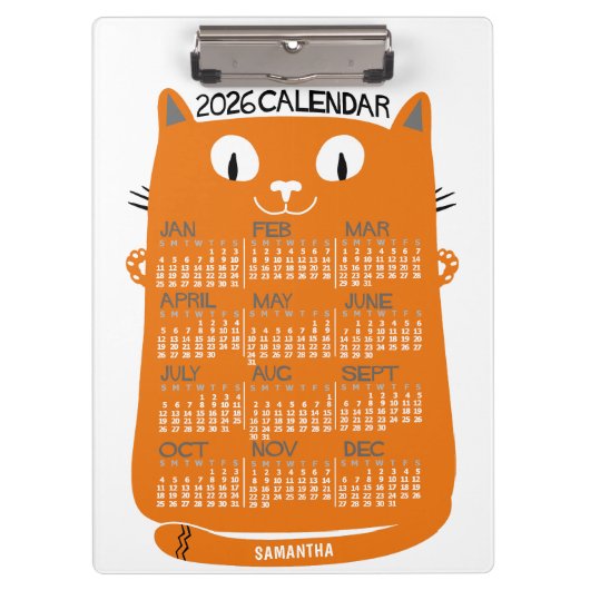 2026 Year Monthly Calendar Mid-Century Orange Cat クリップボード (正面)
