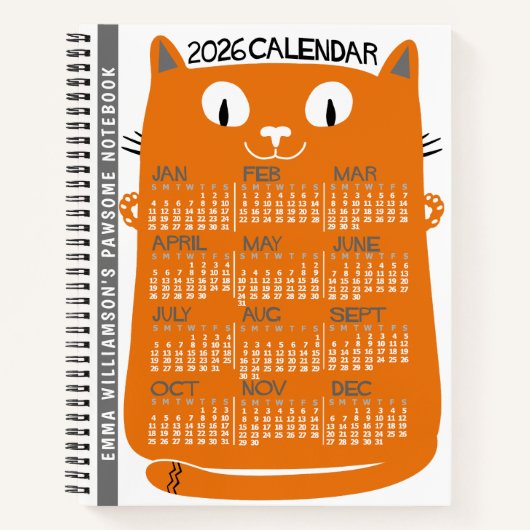 2026 Year Monthly Calendar Mid-Century Orange Cat ノートブック (正面)