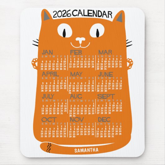 2026 Year Monthly Calendar Mid-Century Orange Cat マウスパッド (正面)