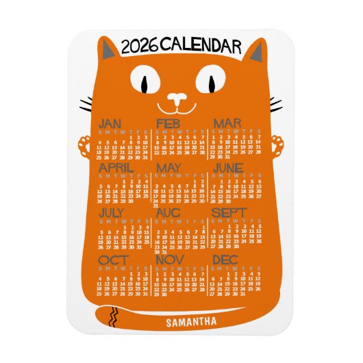 2026 Year Monthly Calendar Mid-Century Orange Cat マグネット (縦)