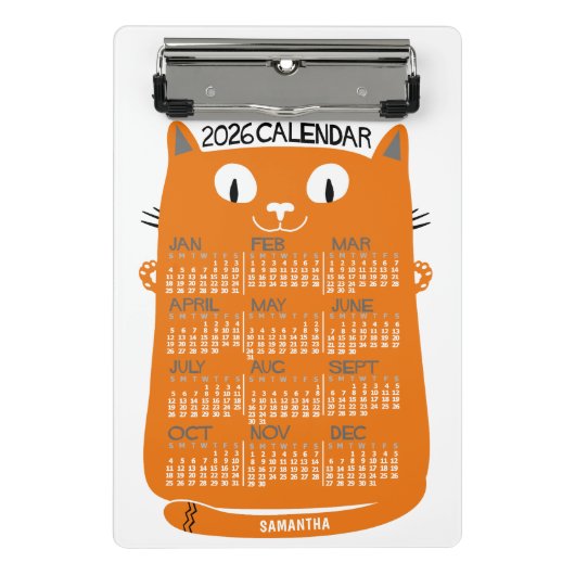 2026 Year Monthly Calendar Mid-Century Orange Cat ミニクリップボード (正面)