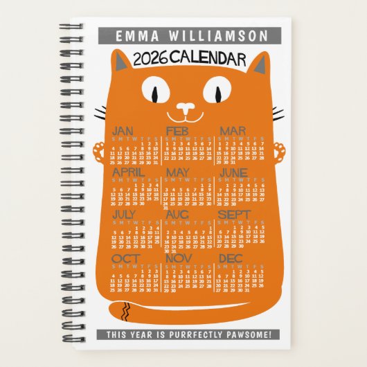 2026 Year Monthly Calendar Midcentury Orange Cat S プランナー手帳 (正面)