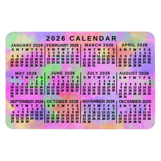 2026 Year Monthly Calendar Rainbow Splatter Paint マグネット (横)