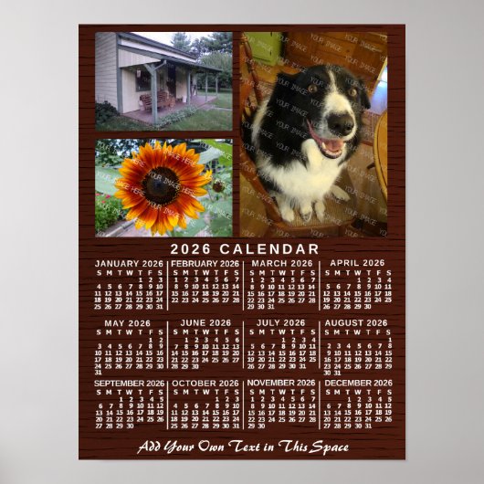 2026 Year Monthly Calendar Wood Custom 3 Photos ポスター (正面)