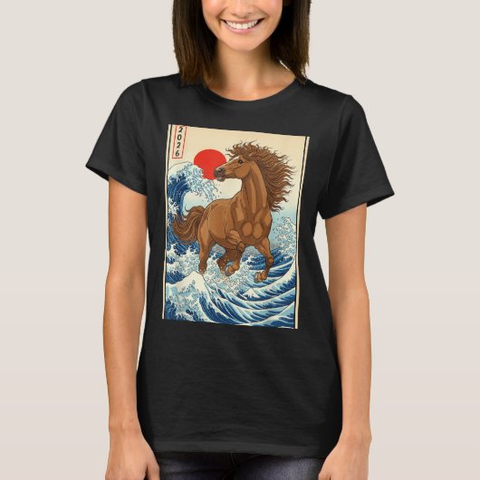 2026 Year Of The Horse Japanese Wave Art Lunar New Tシャツ (正面)