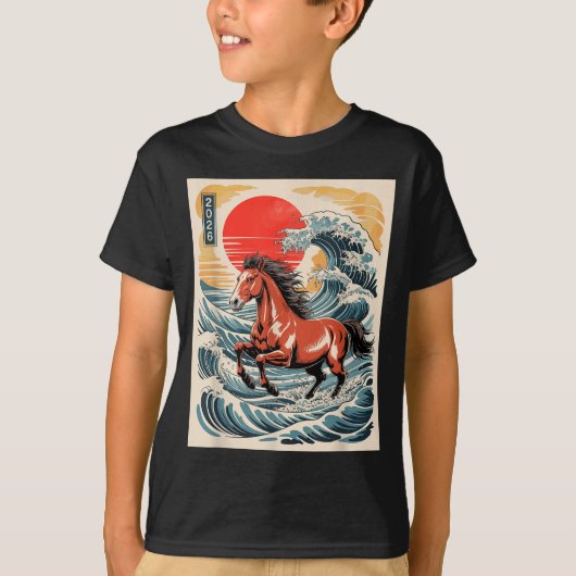 2026 Year Of The Horse Japanese Wave Art Lunar New Tシャツ (正面)