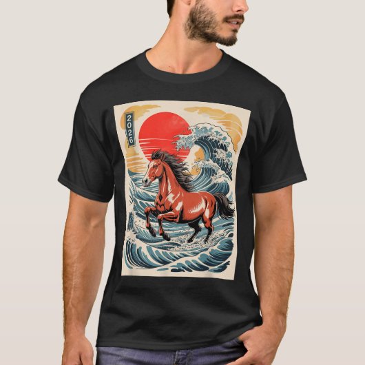 2026 Year Of The Horse Japanese Wave Art Lunar New Tシャツ (正面)