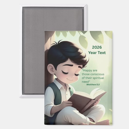 2026 Year Text Boy Reading マグネット (正面/裏面)