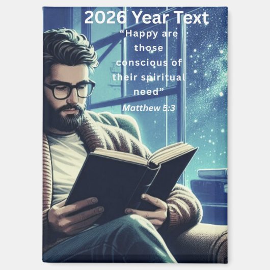 2026 Year Text Man Reading マグネット (正面)