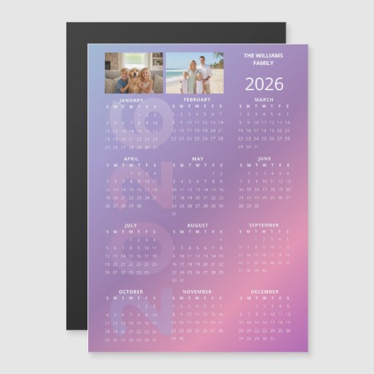 2026 Yearly Calendar Pink Blue Personalised Photo (正面/裏面)