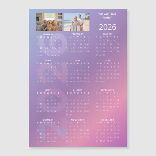 2026 Yearly Calendar Pink Blue Personalised Photo (正面)