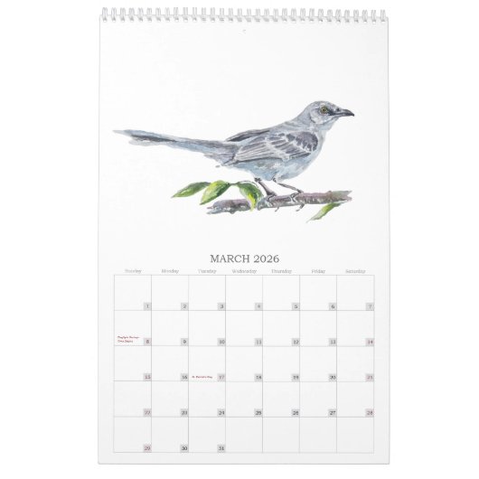 2026Backyard Birds in Watercolor Calendar カレンダー (3月 2026)