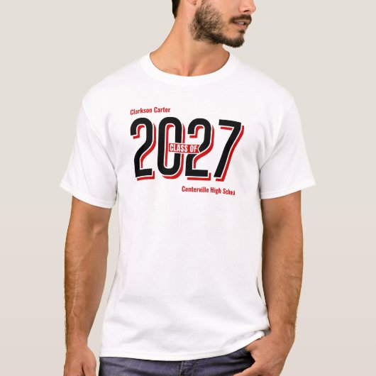 2027のはっきりした赤い影の付いた数値クラス Tシャツ (正面)