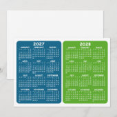 2027年と2028年の2年間のカレンダー表示 青と緑 (正面/裏面)