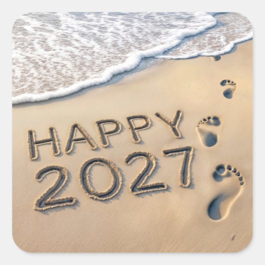 2027年の新しい年のビーチの足跡 スクエアシール (正面)