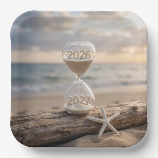 2027年の新年のビーチの砂時計 ペーパープレート (正面)