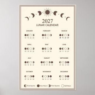 2027年の月の満ち欠け ミニマルな月相カレンダー ポスター