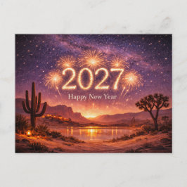 2027年の砂漠の夜空のゴールデンファイヤーワークス祝賀 シーズンポストカード
