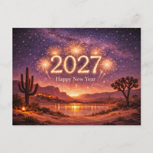 2027年の砂漠の夜空のゴールデンファイヤーワークス祝賀 シーズンポストカード (正面)