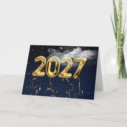 2027年の雲の中の金箔風船 カード (正面)