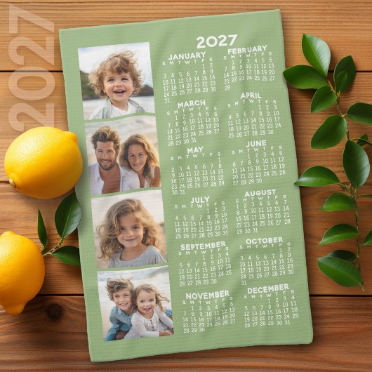 2027年カレンダー付き4枚フォトコラージュ - セージグリーン キッチンタオル