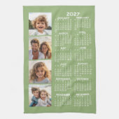 2027年カレンダー付き4枚フォトコラージュ - セージグリーン キッチンタオル (縦)