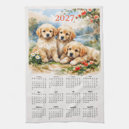 2027年カレンダー - かわいいゴールデンレトリバーの子犬 キッチンタオル