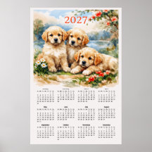 2027年カレンダー - かわいいゴールデンレトリバーの子犬