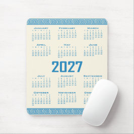 2027年カレンダー ギリシャのフレット模様、コズミック・ラテ地にブルー マウスパッド
